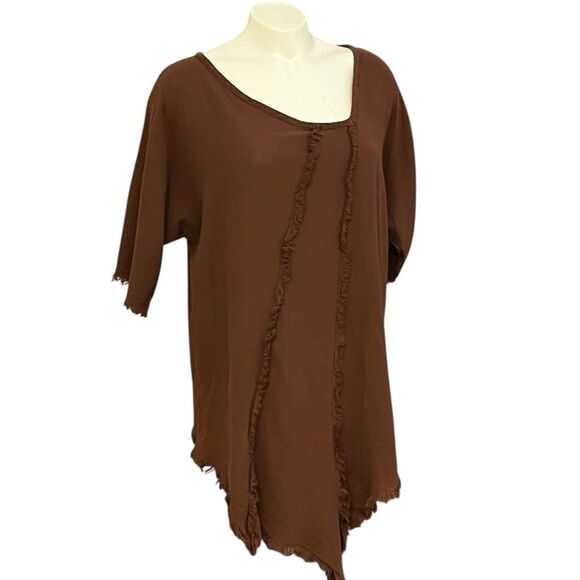 Oh My Gauze! Brown Short Sleeve Asymmetrical Tunic One Size - Picture 3 of 6